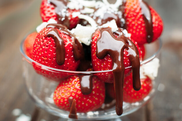 玻璃美味的草莓自制甜点奶油甜点木材