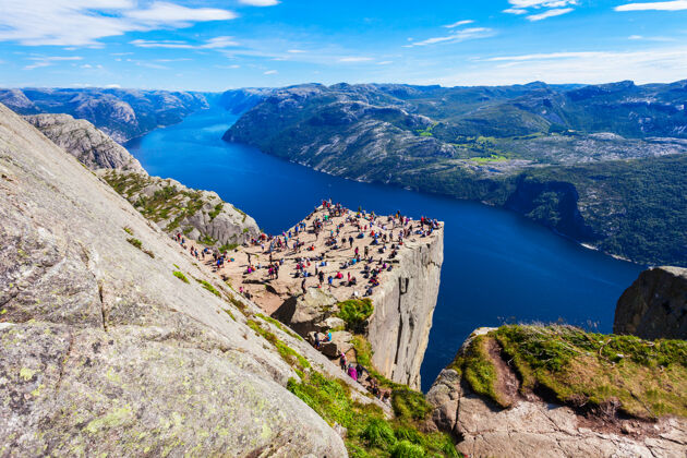 湖泊Preikestolen或prekestolen或讲坛岩石鸟瞰图 挪威高原悬崖岩石