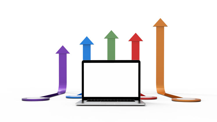 计算机现代笔记本电脑隔离在白色背景与箭头图表三维插图市场营销战略显示