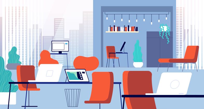 桌子室内协同工作开放式办公室 办公椅 电脑办公场所创意现代商务空间颜色卡通地点