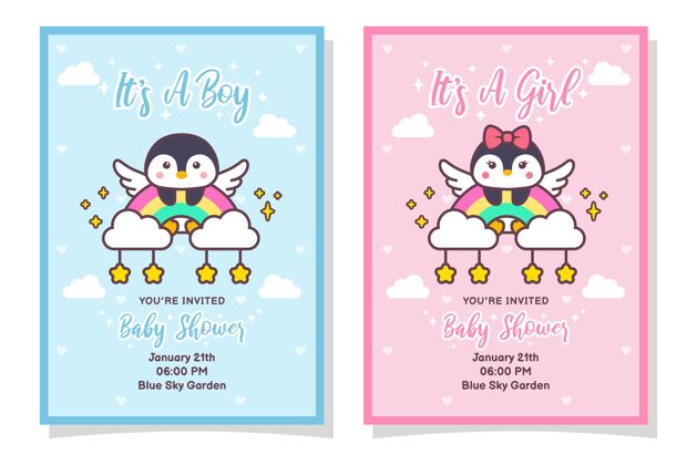 新生儿可爱的婴儿淋浴男孩和女孩邀请卡与企鹅鸟出生鸟企鹅