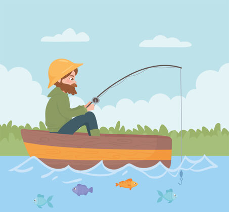 人物在河里的船上钓鱼的人渔夫帽子卡通