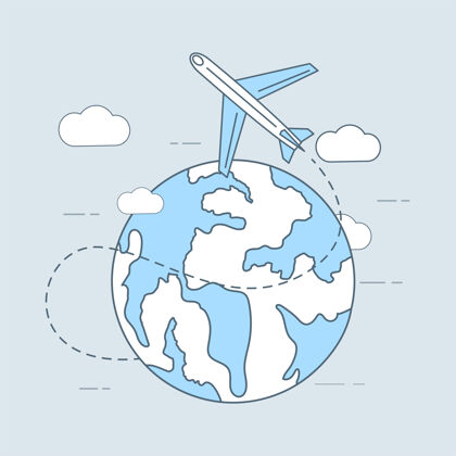 世界空中旅行卡通提纲插图飞机绕飞旅游飞机旅行