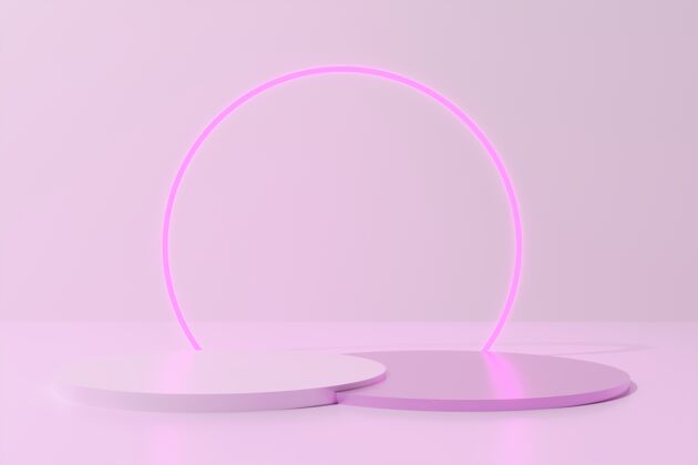 舞台3d渲染粉色圆形讲台 单色背景上有霓虹灯环空白粉彩几何