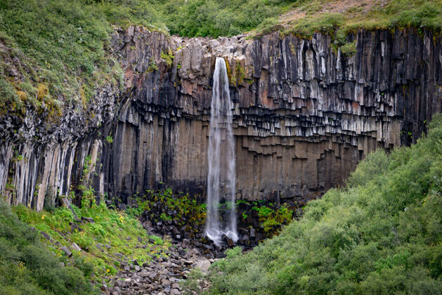 湖冰岛瀑布特写镜头的神崖与长时间曝光平滑运动的水在夏季景观瀑布风景山