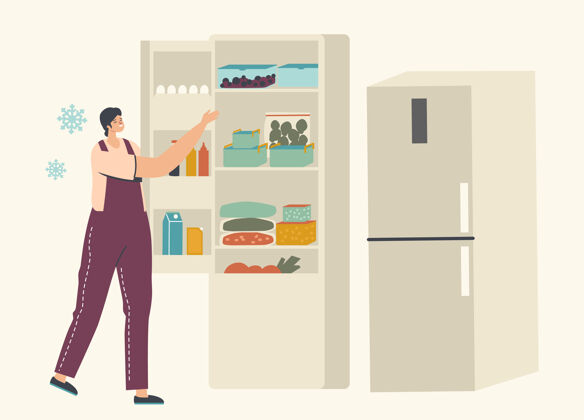 生态年轻女子站在开着的冰箱旁边 冰箱里装着冷冻蔬菜和装有冰浆果的容器年轻人来源温度