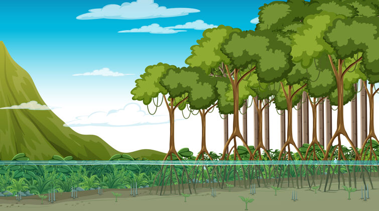 卡通白天的红树林自然景观 卡通风格外面景观泥