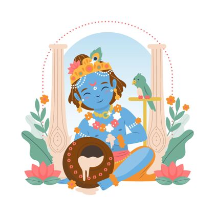 印度教节婴儿克里希纳吃黄油的插图平面设计印度教宗教