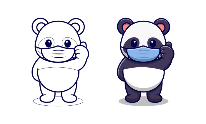 扁平可爱的熊猫戴面具卡通彩页给孩子们动物面具可爱