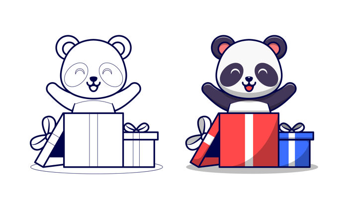 动物可爱的熊猫礼品盒卡通彩页为孩子们可爱礼品盒套装