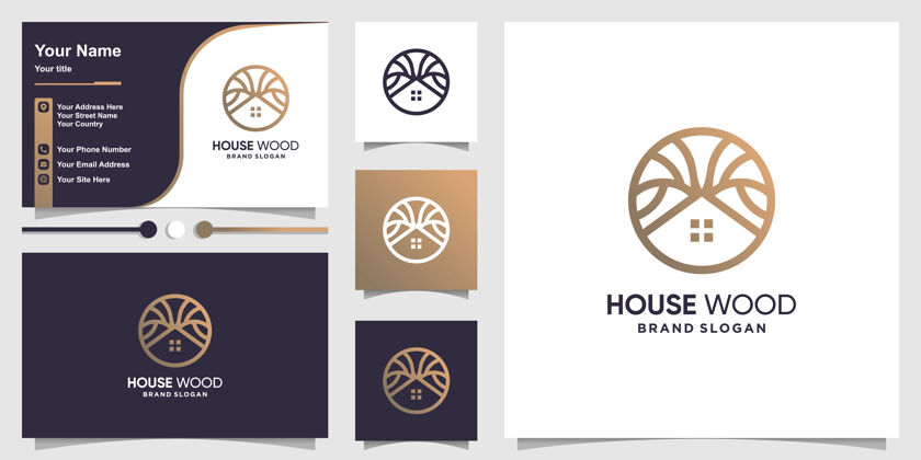 简单房屋标志与木制概念和名片设计圆圈Logo模板商务