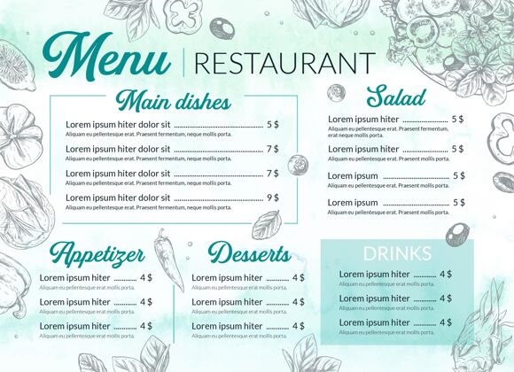 印刷品水彩餐厅菜单模板食品餐厅晚餐