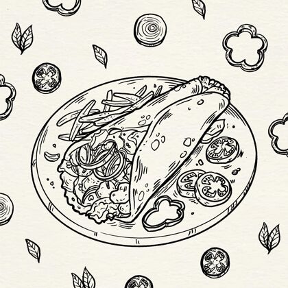 手绘雕刻手绘沙瓦玛插图蔬菜土耳其肉