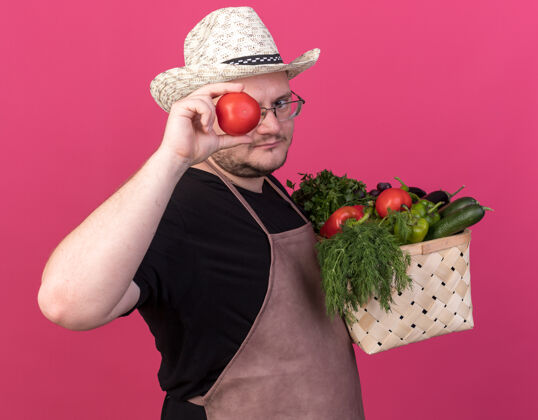拿着看着镜头年轻的男园丁戴着园艺帽拿着菜篮子展示着西红柿隔离在粉红色墙上的表情蔬菜人表演