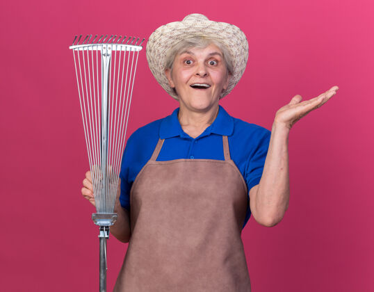 开放惊讶的上了年纪的女园丁戴着园艺帽 手里拿着耙子 手一直开着保持粉色持有