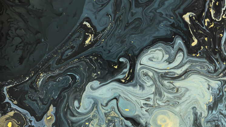 墨水抽象的液体质地 金色闪光的背景边框水彩背景蓝色背景