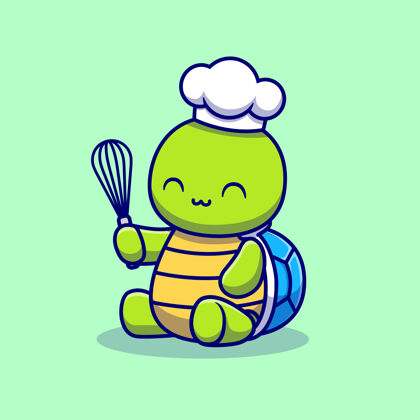 烹饪可爱的海龟厨师烹饪卡通插图贝壳海龟可爱