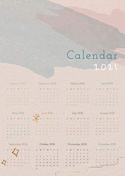 可爱的日历日历2021年与水彩纸纹理模板抽象月日历