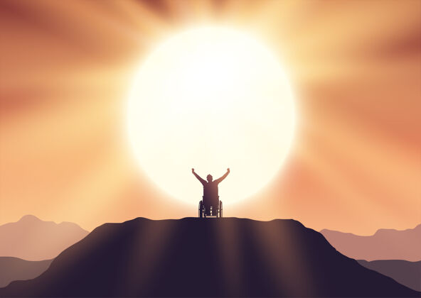 宗教一个坐在轮椅上的男人在山顶上的剪影 他手举着手 高兴地在空中成功成就人