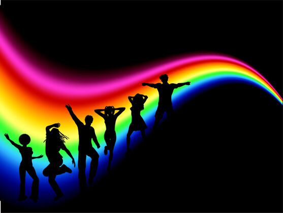 休闲时髦的人在彩虹上跳舞的剪影男人舞蹈男孩