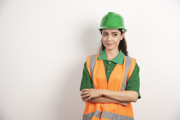 安全帽戴头盔的女工地工程师高质量照片安全背心建筑师