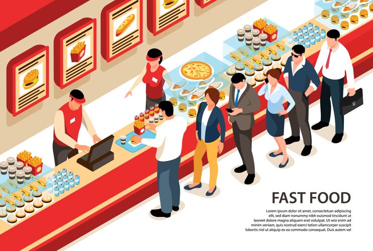水平等距街道食品水平与人类字符站在快餐店柜台排队快餐柜台立场