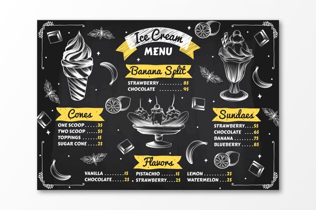 餐厅菜单手绘冰激凌黑板菜单模板冷冻食品甜点美味