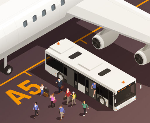 人机场等距图与人们走出飞机机翼穿梭巴士的室外视图观看巴士机场