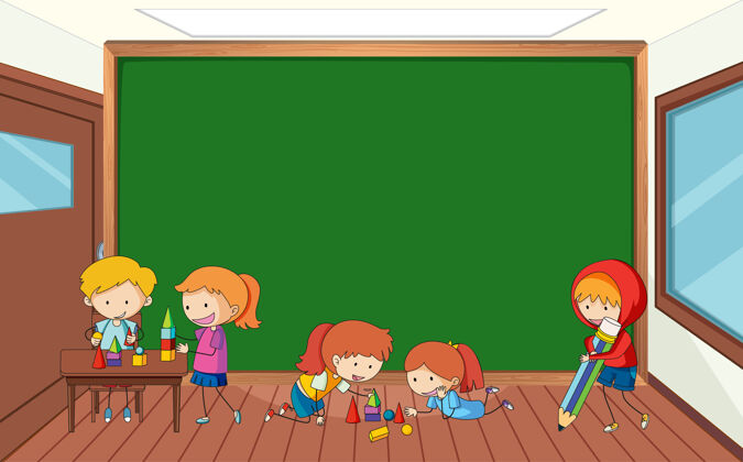 小学教室里空空的黑板上有许多小朋友涂鸦的卡通人物素描学生教育