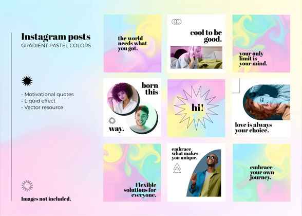 线性风格Instagram的帖子以柔和的颜色渐变设置 带有液体效果 风格简约 带有激励性的语录液体效果灵感报价年轻人