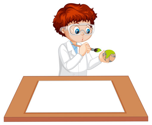 研究一个男孩穿着科学家的长袍 桌子上放着一张空纸男孩衣服桌子