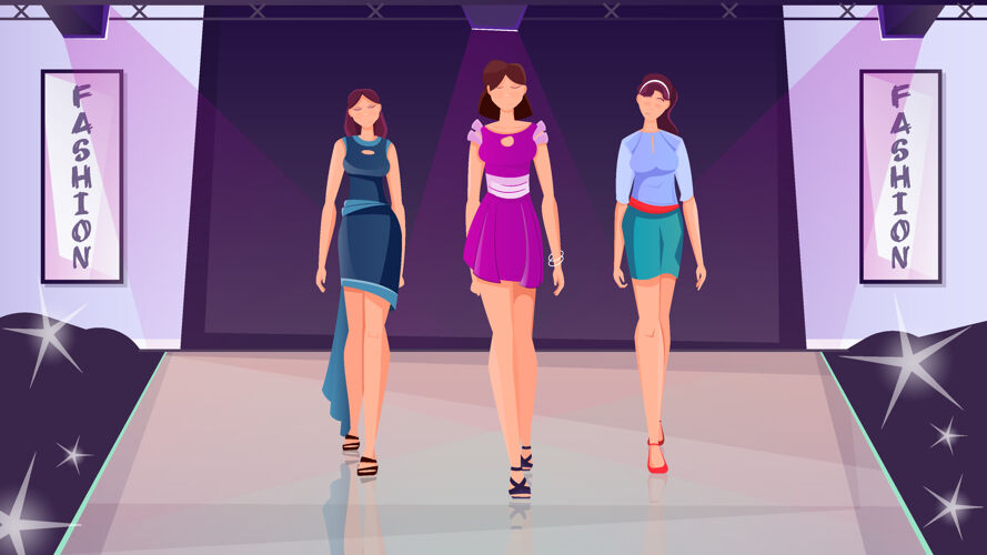 Vip时装秀平面插图与三个年轻的苗条女孩穿着时装走在T台上移动时装周活动