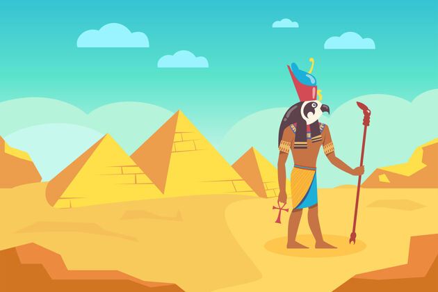圣甲虫古金字塔环绕的手持手杖的埃及神卡通插图建筑金色行走