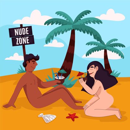 海滩卡通裸体主义概念说明夏天裸体自然