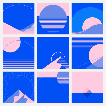 月亮粉色和蓝色背景的复古未来主义风格的社交媒体旋转木马集三角形半圆美学