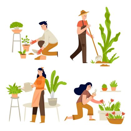 放松人们照顾植物的平面插图收藏浇水植物花店