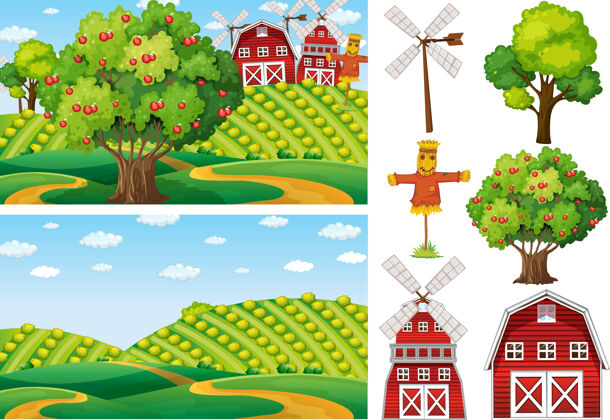 树农场元素集与农场场景隔离农业结构风车