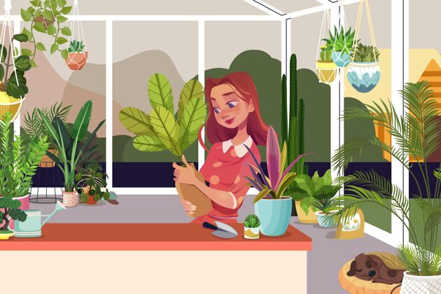 爱好卡通女人照顾植物市民卡通放松
