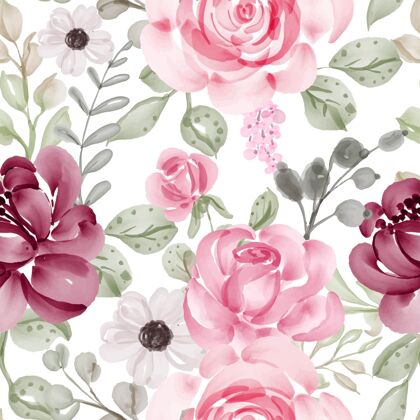 壁纸春天的花朵和粉红色的叶子的无缝模式花卉绘画水彩