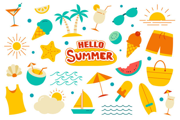 布景你好夏天收集集平面设计夏天的符号和丰富多彩的对象异国情调沙滩热带