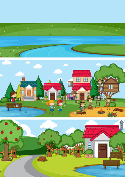 地平线一组不同的地平线场景与涂鸦儿童卡通人物卡通风景房子