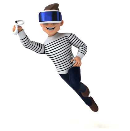 人有趣的三维卡通人与虚拟现实头盔插图网络虚拟现实游戏