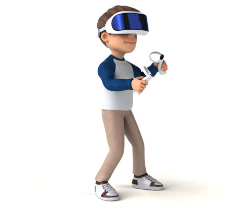技术有趣的三维卡通儿童与虚拟现实头盔插图游戏数字人物