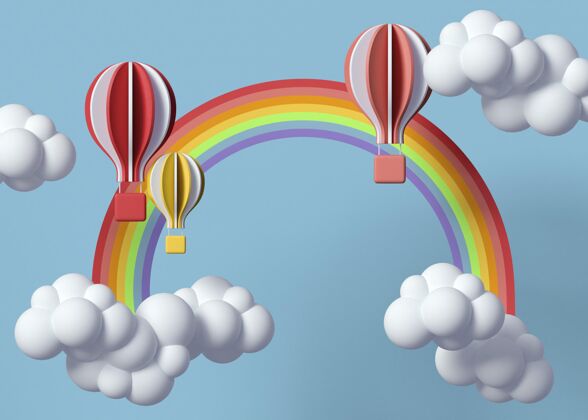 天气3d云和热气球自然三维模型彩虹