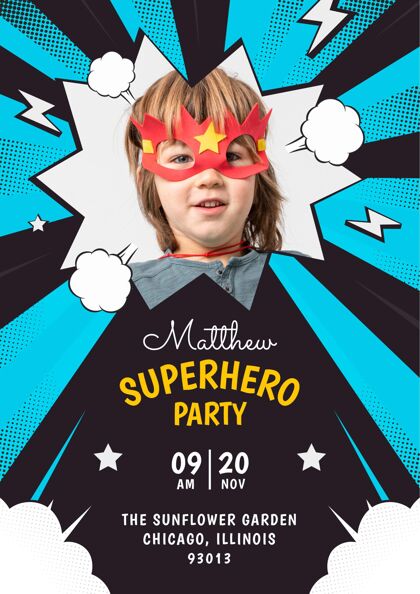 孩子生日派对平面超级英雄生日邀请与照片模板生日纪念日请柬生日