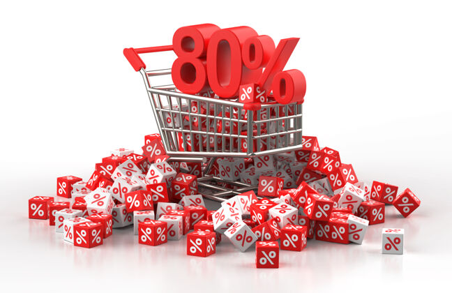 市场80%的折扣销售概念与手推车和一堆红白立方体与百分比在三维插图购物百分比折扣