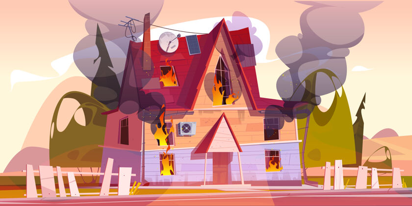灭火器房子着火了 家里被火焰和黑烟云烧着了建筑屋顶建筑物