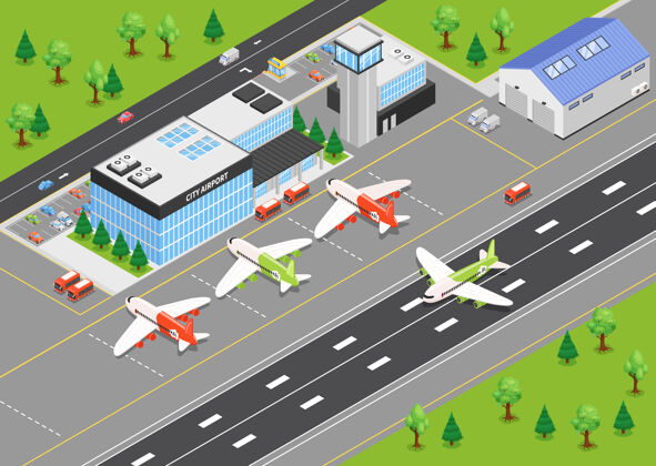 飞行机场和跑道上的航站楼飞机的机场等轴测图俯视图顶部等距飞机