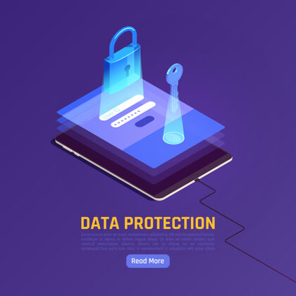 堆栈隐私数据保护gdpr等距插图与小工具和屏幕堆栈与钥匙和锁锁数据等轴测