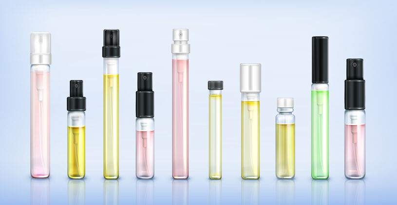 香水香水测试仪玻璃瓶香水样品在透明管上用黑色和白色的喷帽喷在蓝色香薰管包装
